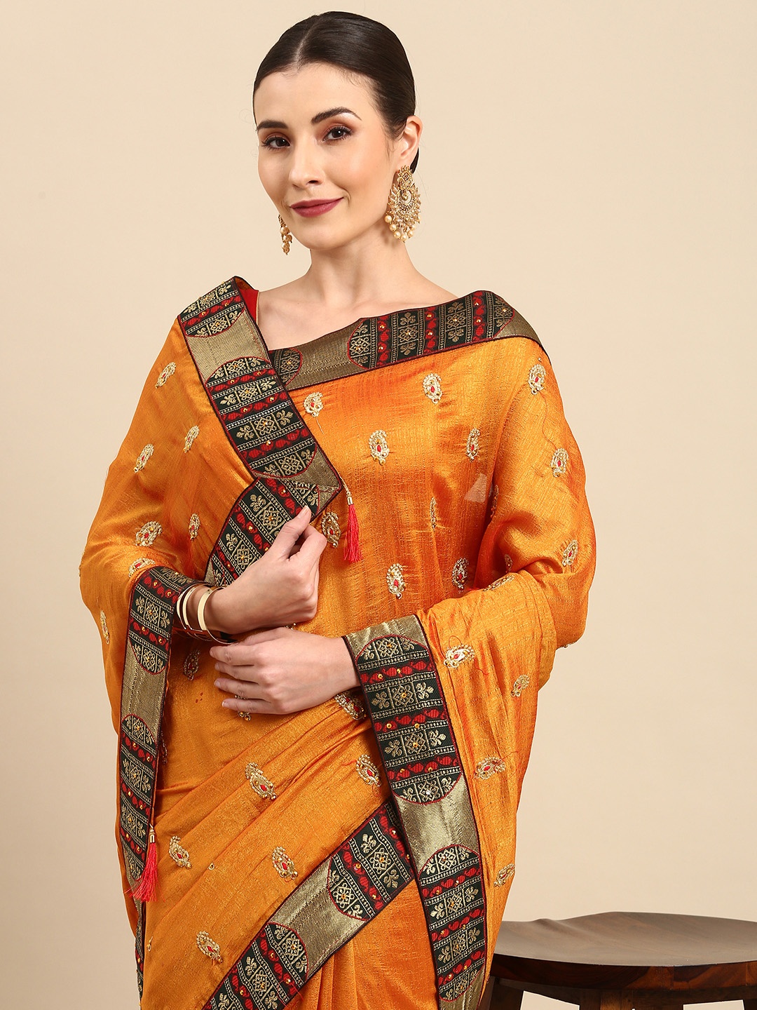 

Anouk Mustard Yellow & Golden Paisley Embroidered Bhagalpuri Saree
