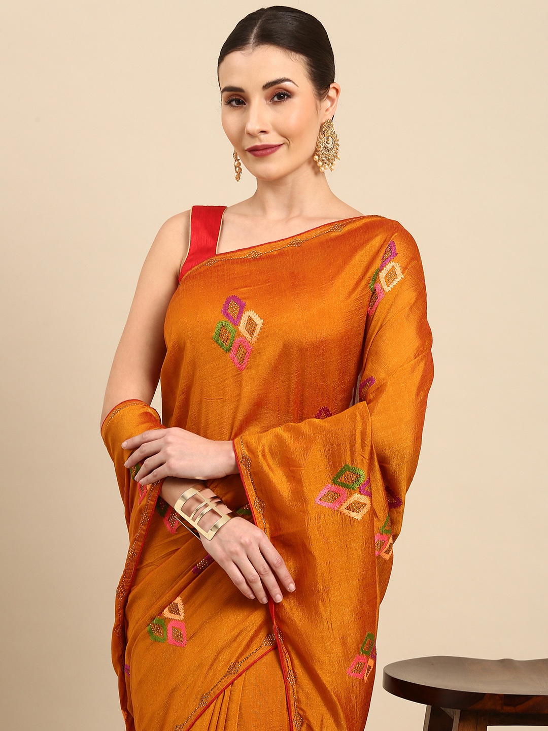 

Anouk Mustard Yellow & Green Embroidered Bhagalpuri Saree