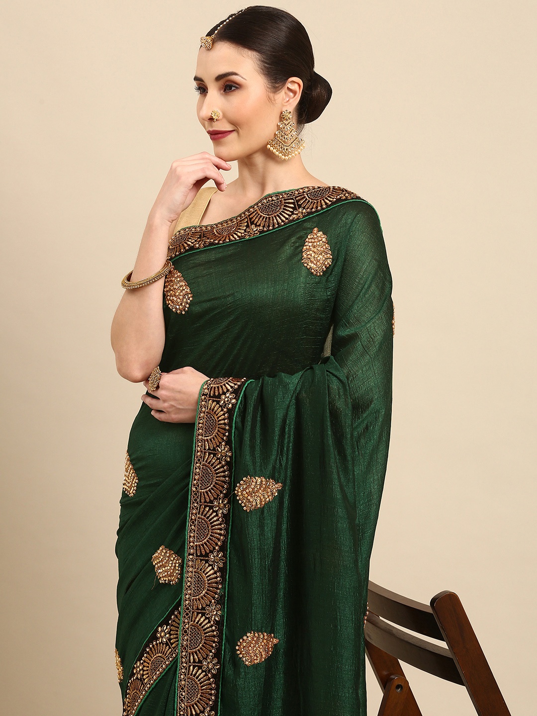 

Anouk Green & Golden Ethnic Embroidered Bhagalpuri Saree