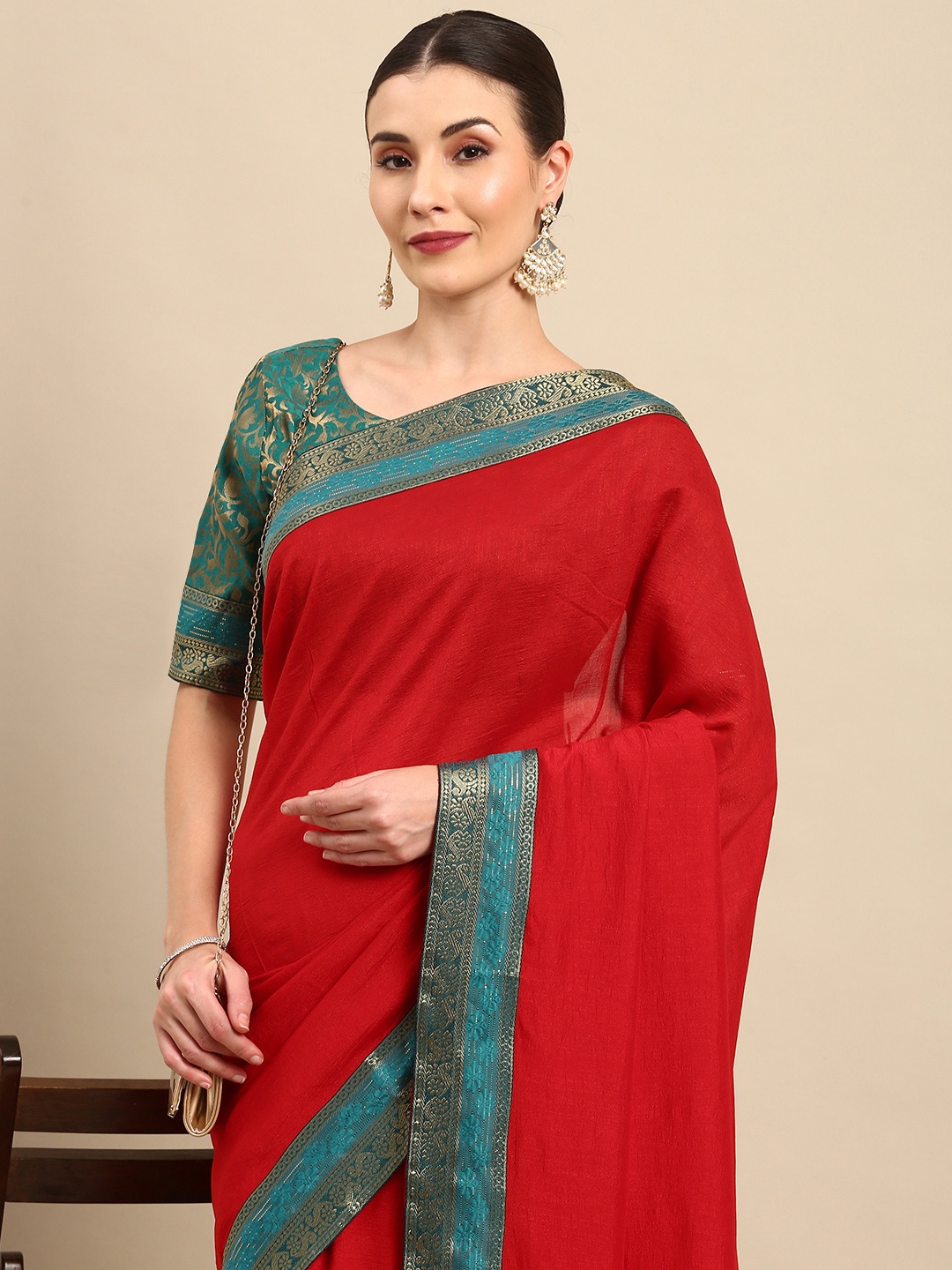 

Anouk Red Solid Bhagalpuri Saree