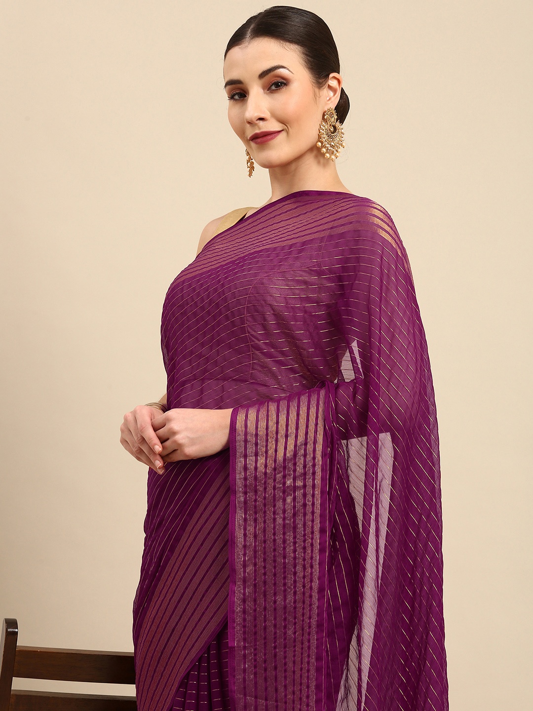 Anouk Maroon & Golden Striped Pure Chiffon Bhagalpuri Saree