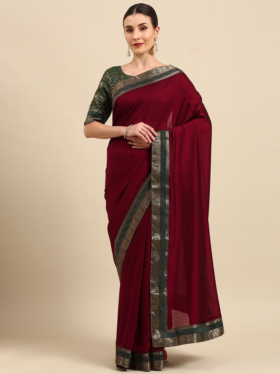 

Anouk Maroon Solid Bhagalpuri Saree