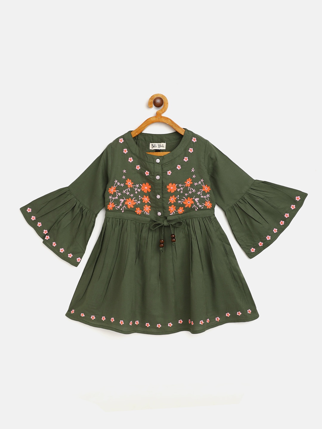 

Bella Moda Olive Green & Pink Floral Embroidered Pure Cotton A-Line Dress