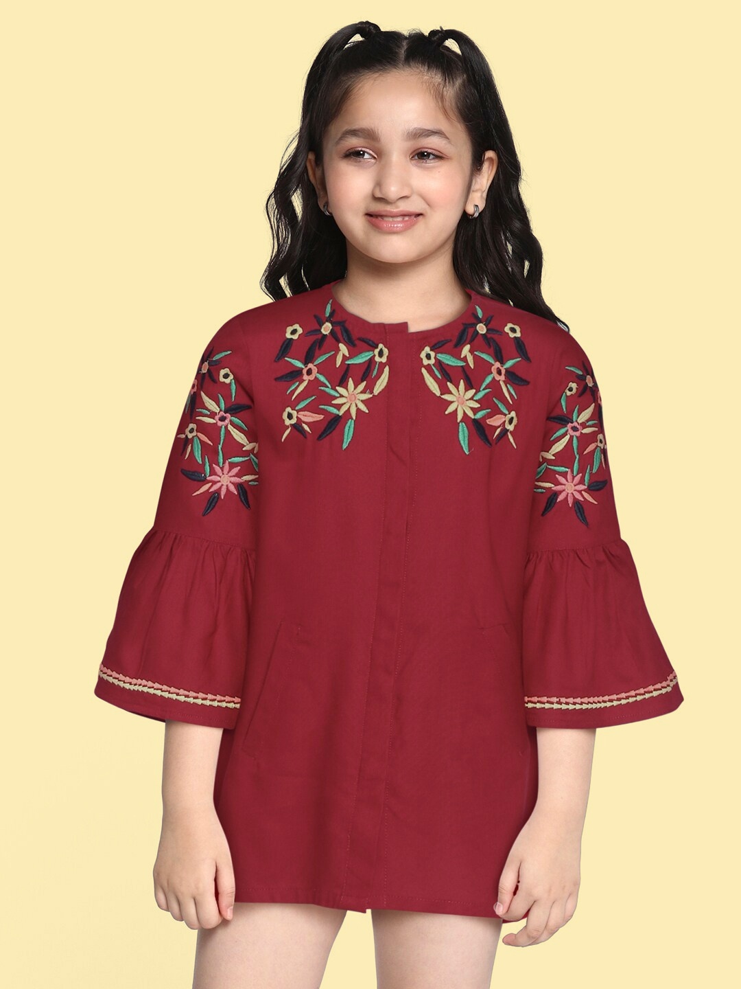 

Bella Moda Maroon Floral Embroidered A-Line Dress