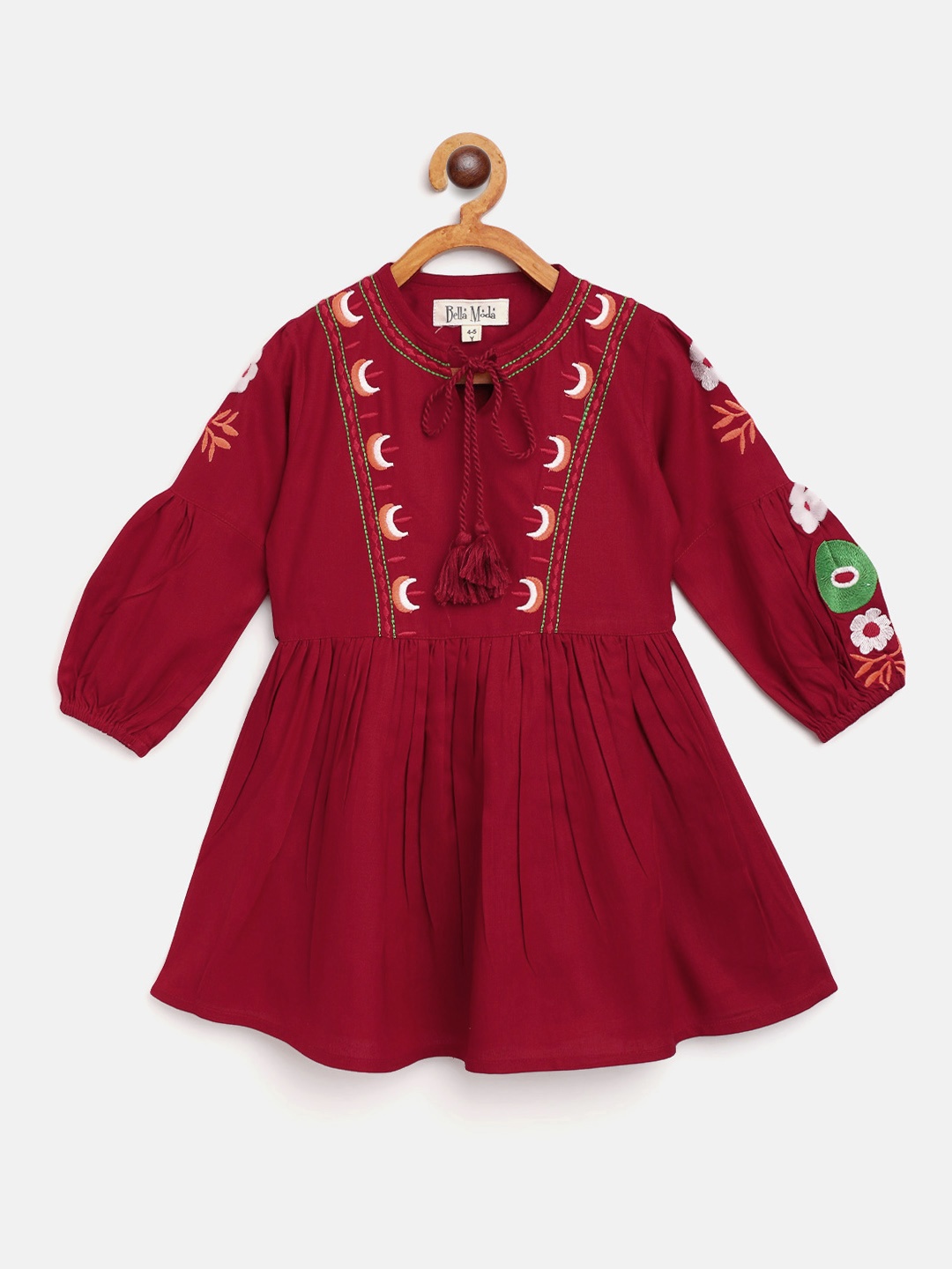 

Bella Moda Maroon Ethnic Motifs Embroidered Tie-Up Neck Pure Cotton A-Line Dress
