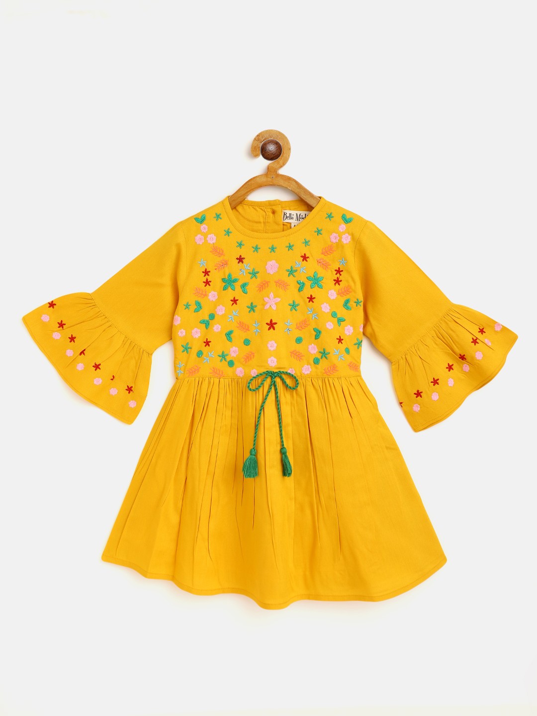 

Bella Moda Mustard Yellow Floral Embroidered Pure Cotton A-Line Dress