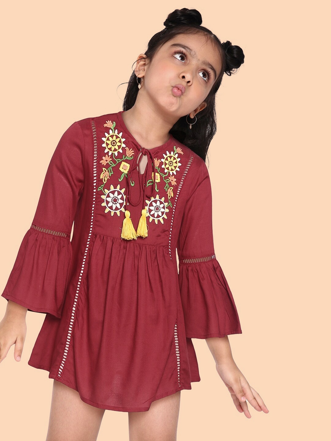 

Bella Moda Maroon Floral Embroidered Dress