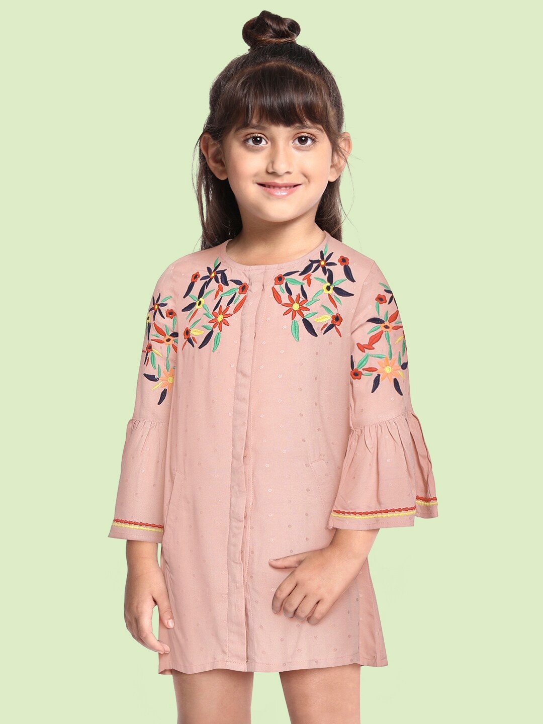 

Bella Moda Peach-Coloured Floral Embroidered A-Line Dress