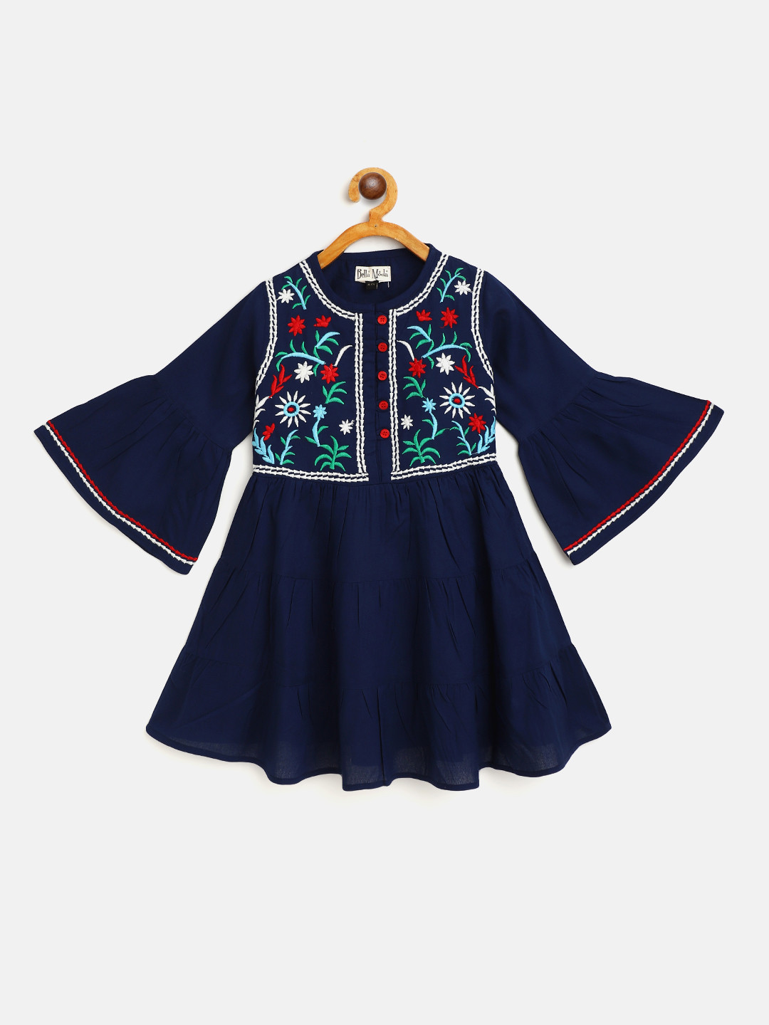 

Bella Moda Navy Blue Floral Embroidered Pure Cotton A-Line Dress