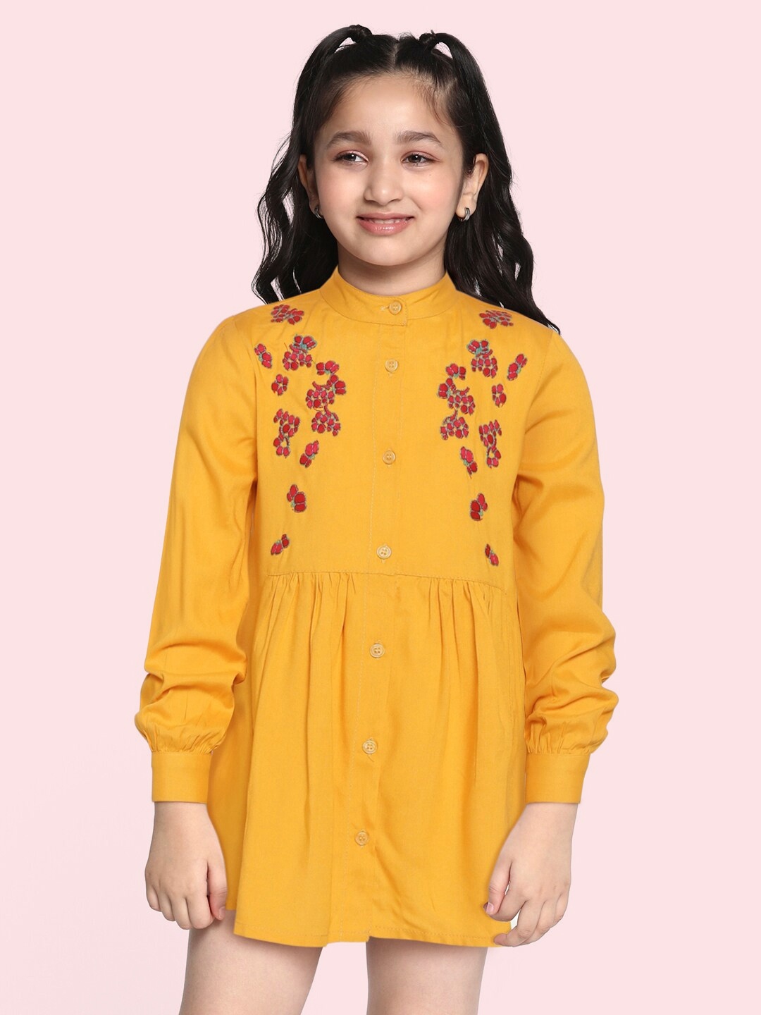 

Bella Moda Mustard Yellow Floral Embroidered Dress