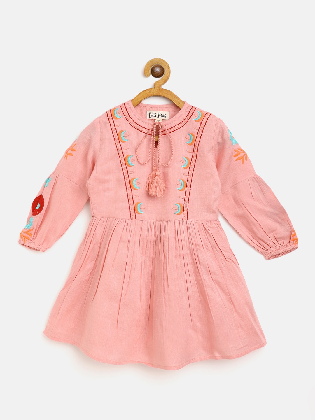 

Bella Moda Pink Ethnic Motifs Embroidered Tie-Up Neck Pure Cotton A-Line Dress