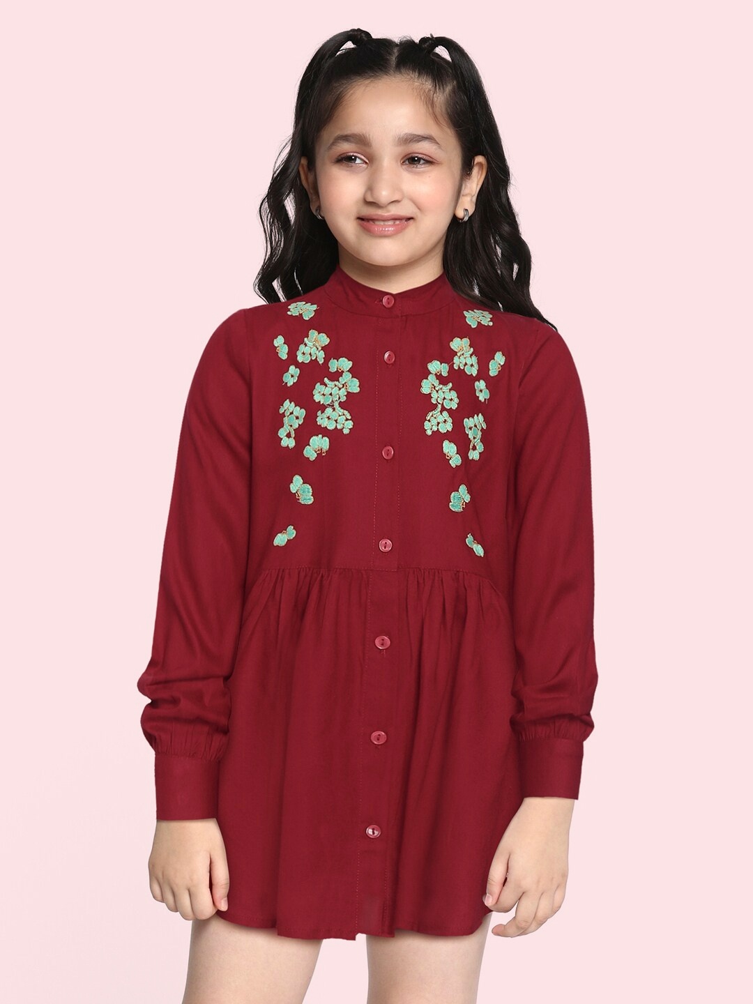 

Bella Moda Maroon Floral Embroidered A-Line Dress