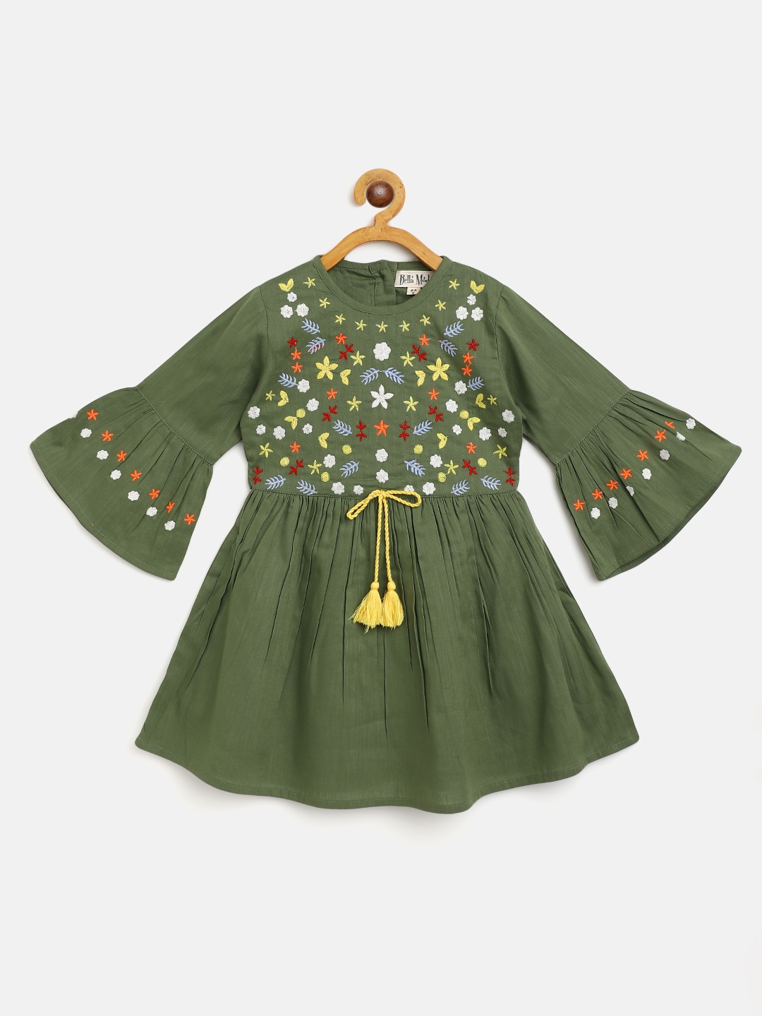 

Bella Moda Olive Green Floral Embroidered Pure Cotton A-Line Dress