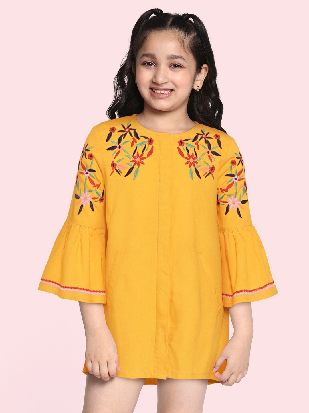 

Bella Moda Mustard Yellow Floral Embroidered A-Line Dress