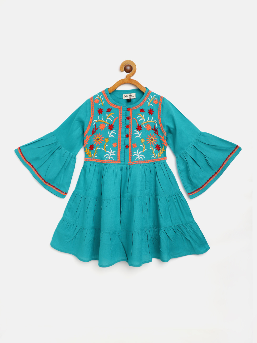 

Bella Moda Blue Cotton Floral Embroidered A-Line Dress