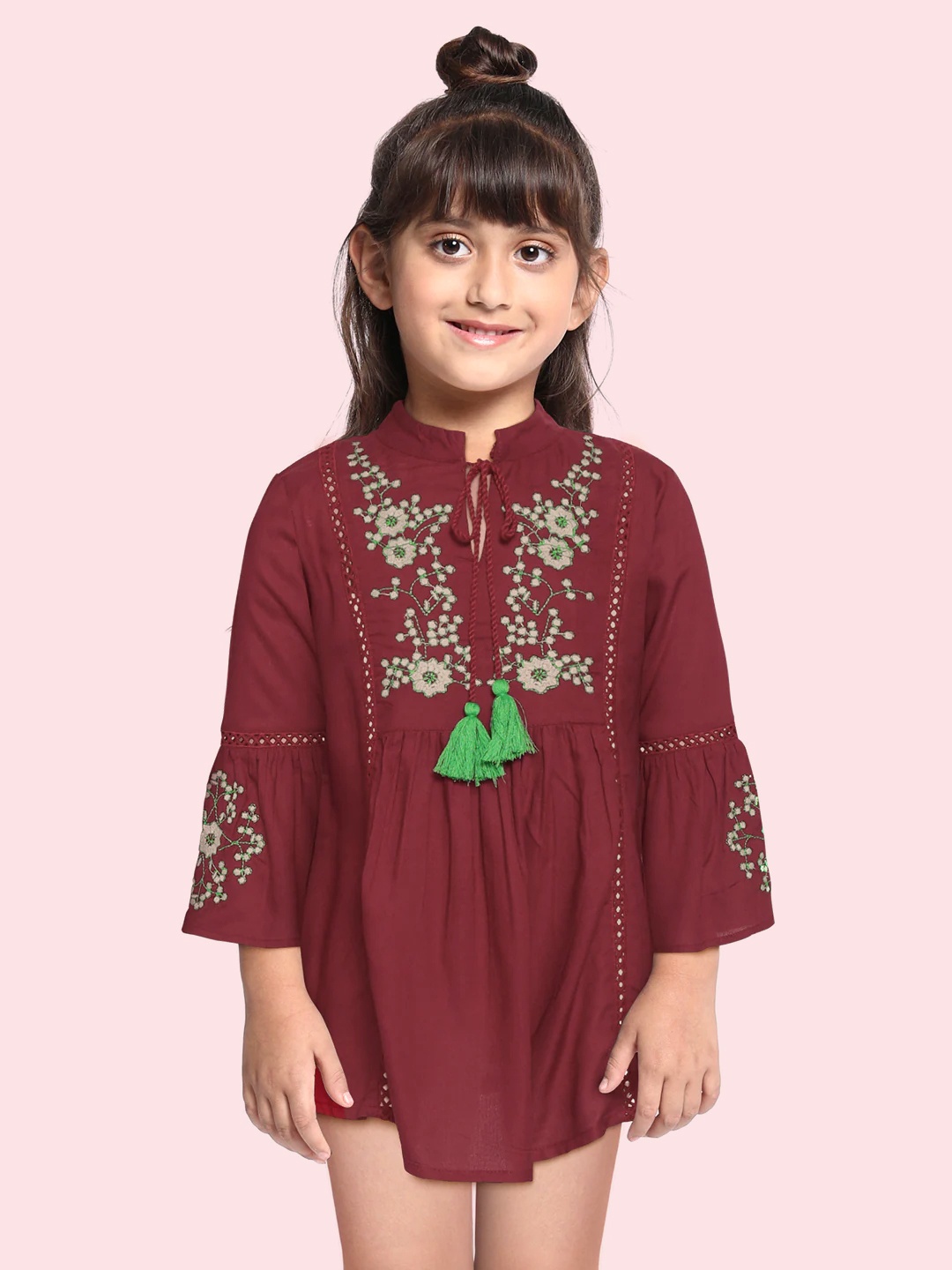 

Bella Moda Maroon Floral Embroidered A-Line Dress