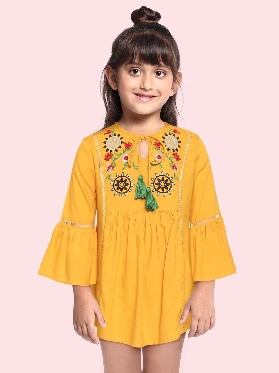 

Bella Moda Mustard Yellow Floral Embroidered A-Line Dress