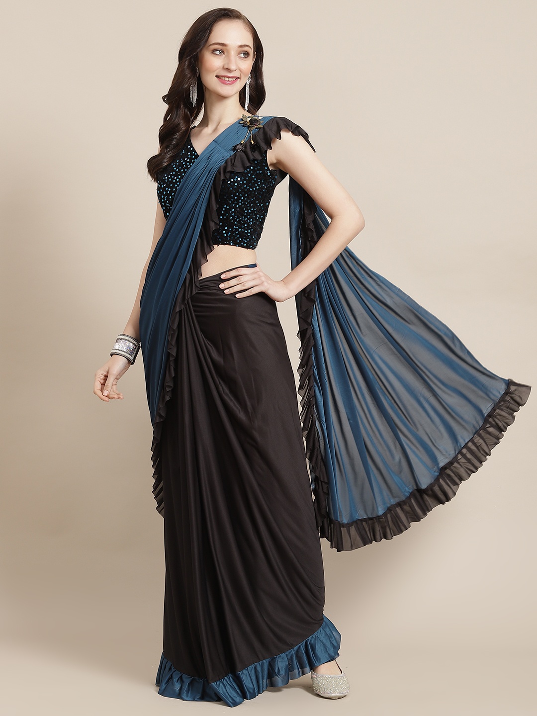 

Mitera Black & Teal Blue Solid Sequinned Ready to Wear Saree