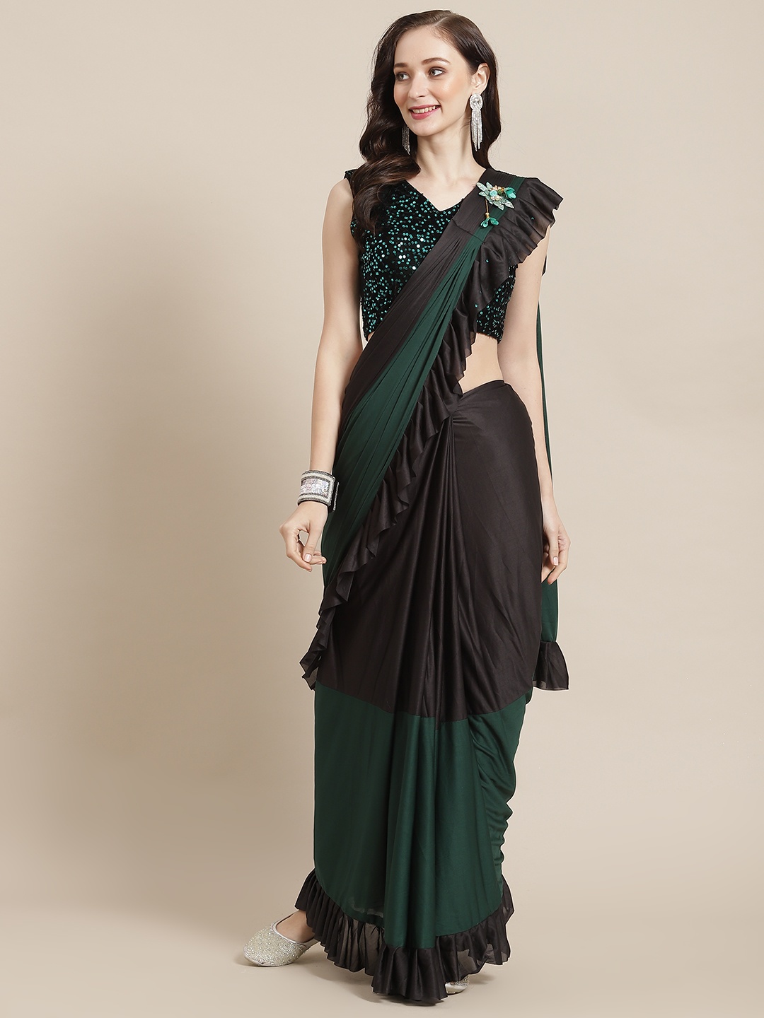 

Mitera Black & Green Colourblocked Sequinned Ready to Wear Saree