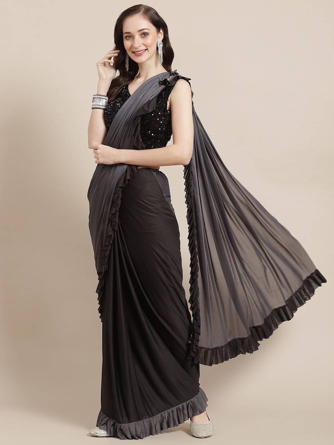 

Mitera Black & Grey Solid Sequinned Ready to Wear Saree
