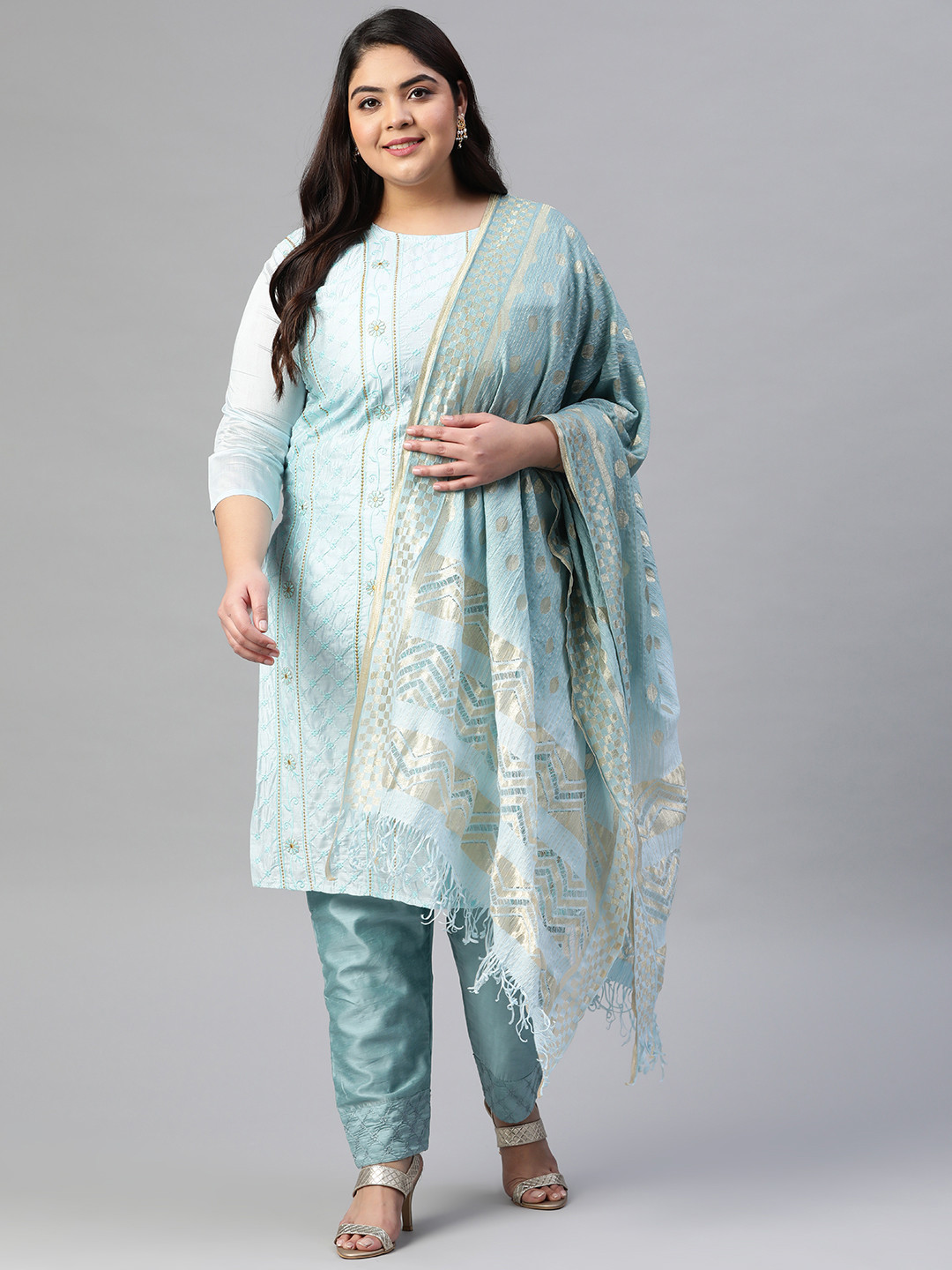 

Aarika Women Turquoise Blue Pure Cotton Floral Embroidered Kurta with Trousers & Dupatta