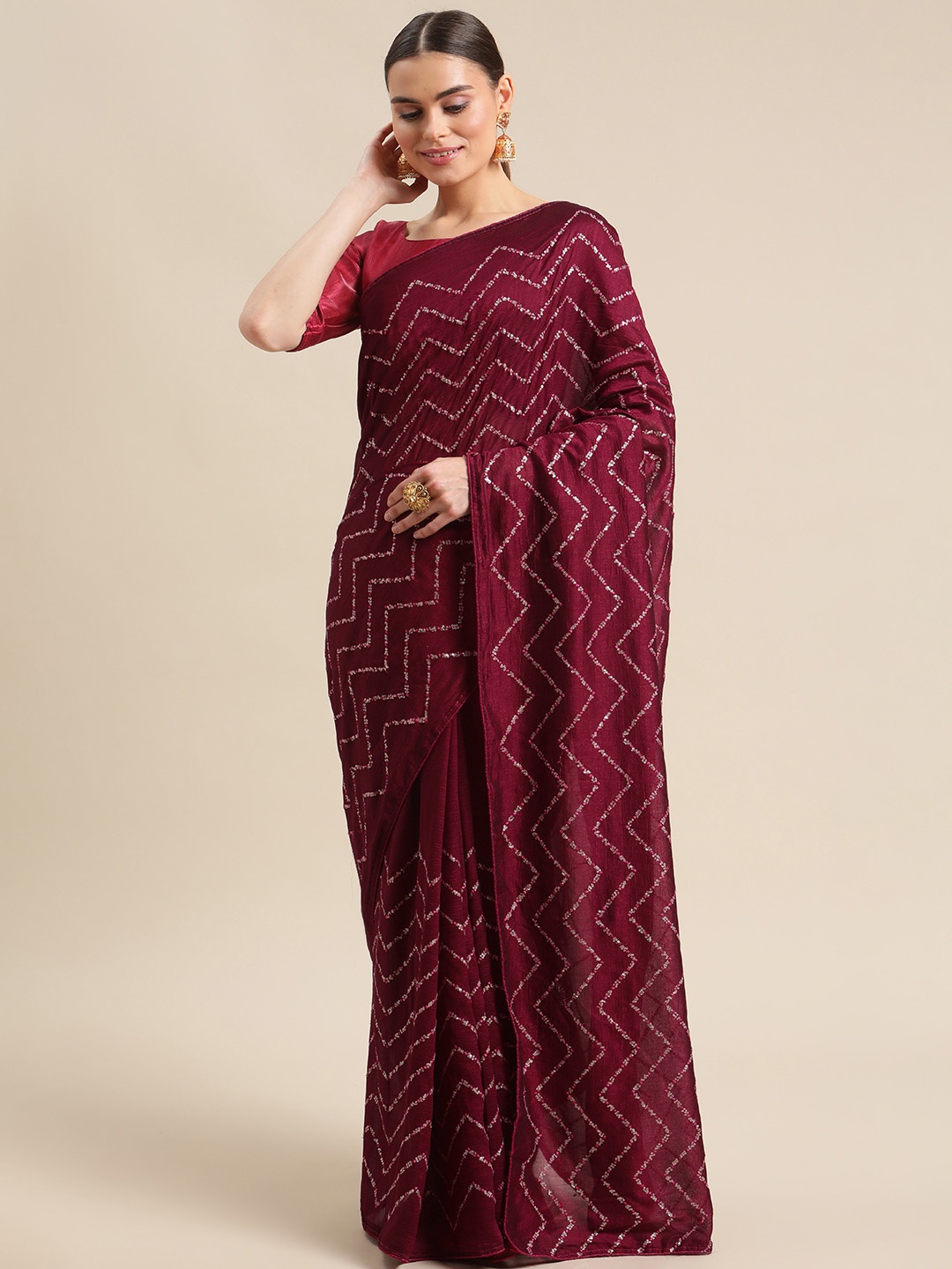 

Fab Dadu Burgundy Woven Design Sequinned Silk Cotton Saree