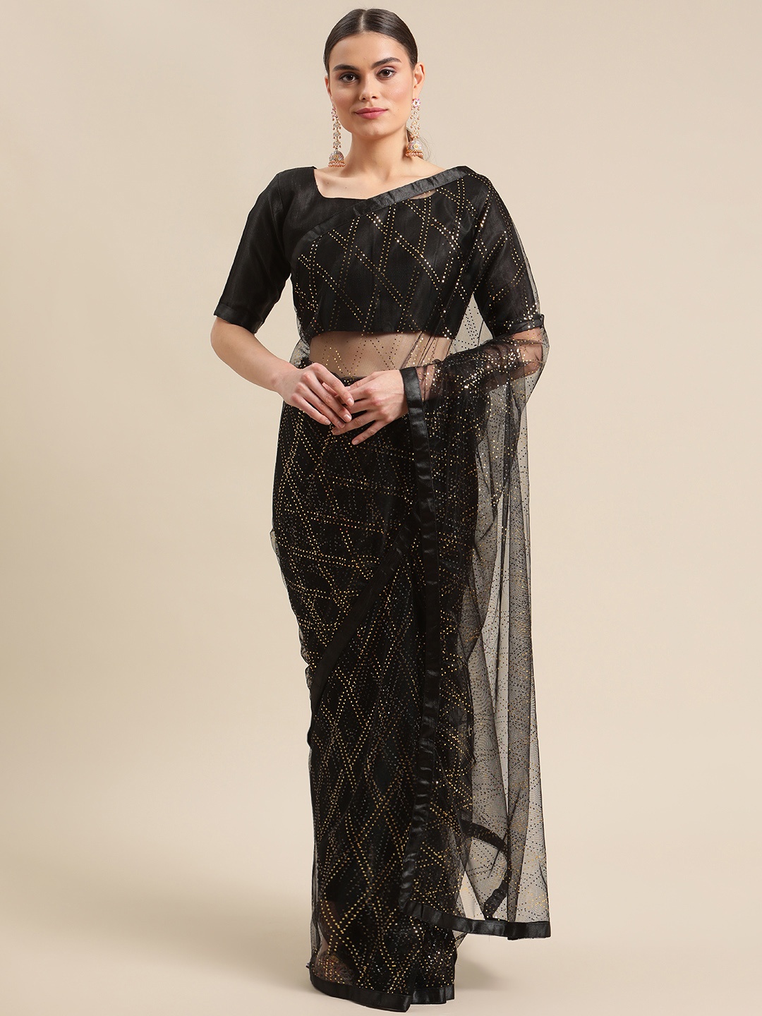 

Fab Dadu Black Embellished Sequinned Net Saree