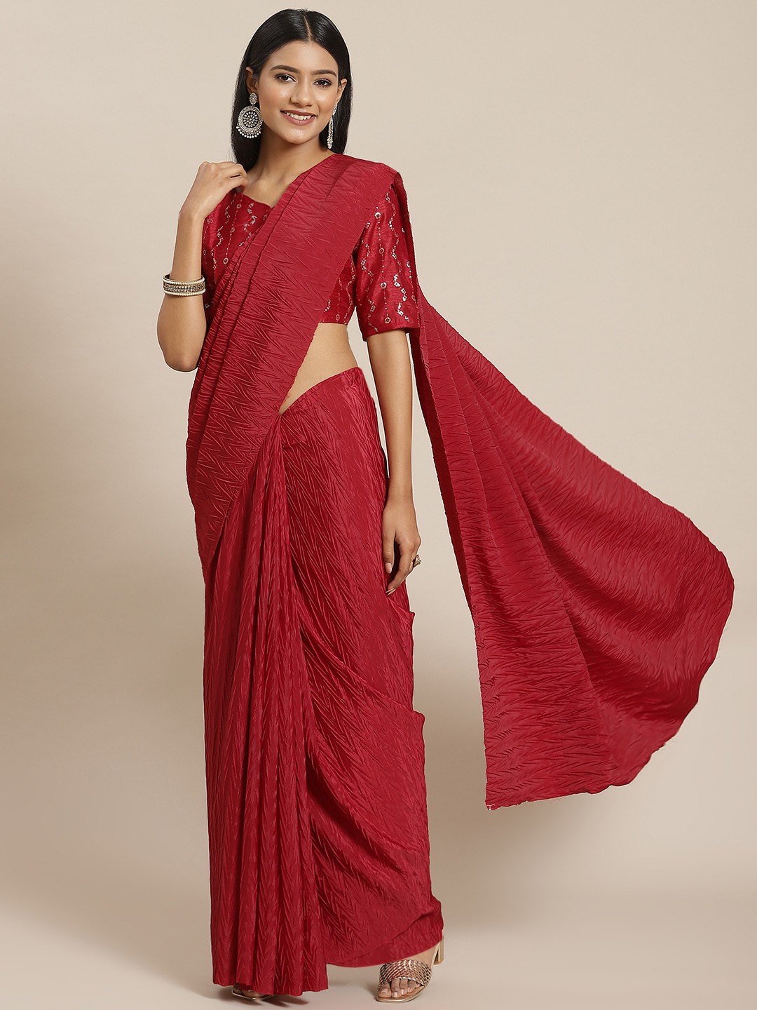 

Fab Dadu Red Satin Solid Satin Saree