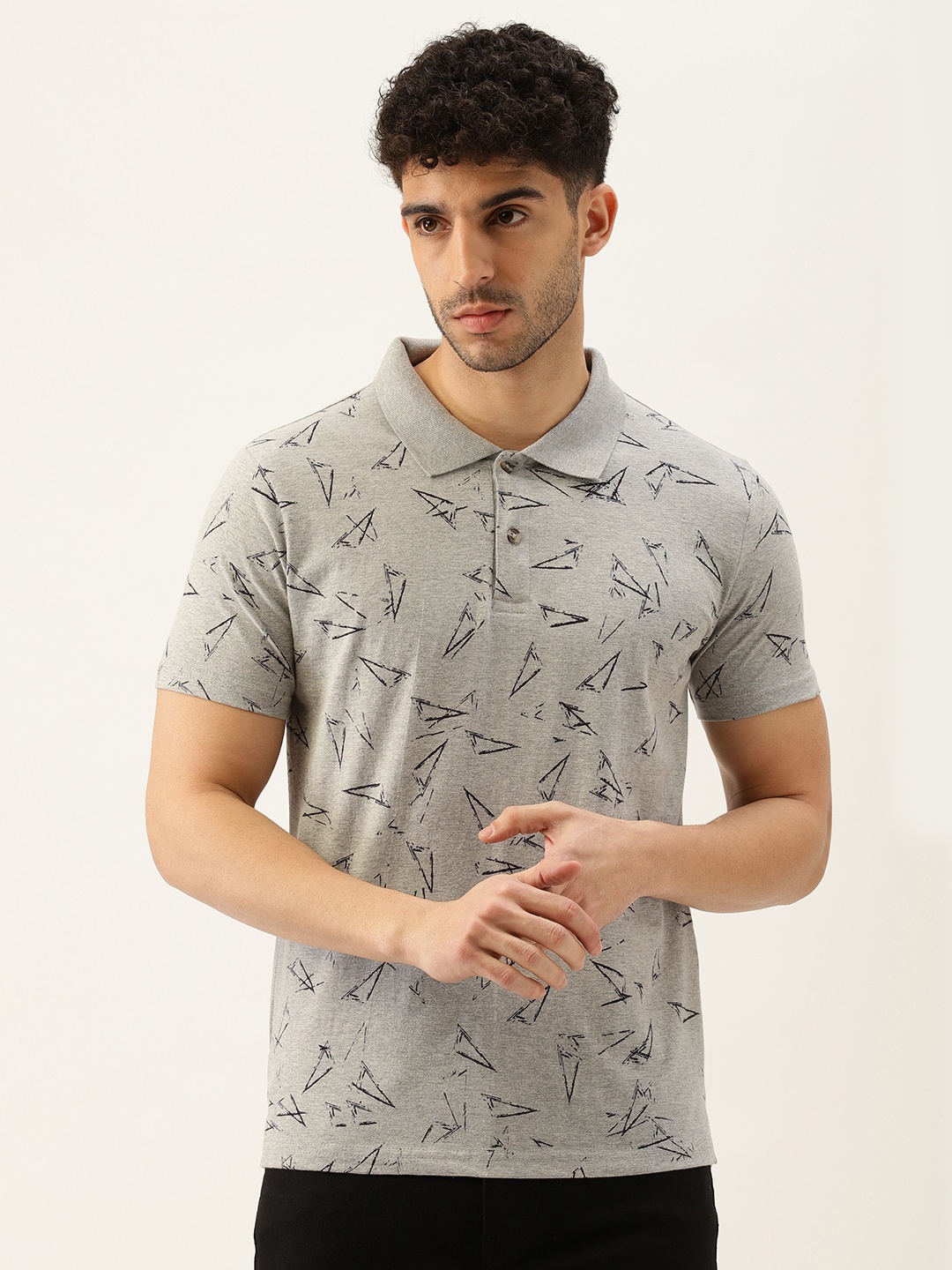 

Kryptic Men Grey Melange & Black Cotton Printed Polo Collar T-shirt