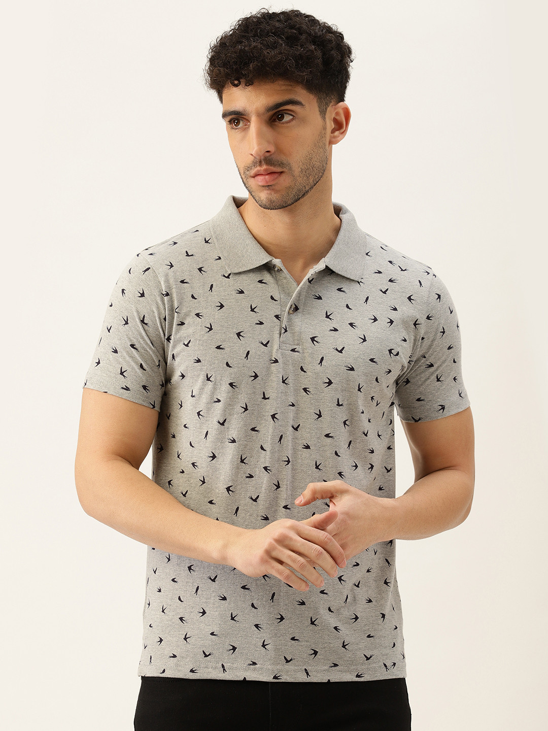 

Kryptic Men Grey Melange & Black Conversational Printed Cotton Polo Collar T-shirt