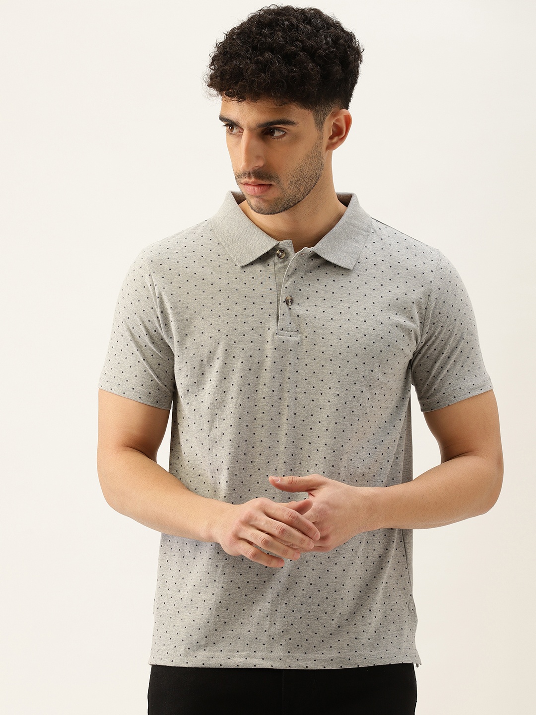 

Kryptic Men Grey Melange & Black Ditsy Printed Cotton Polo Collar T-shirt