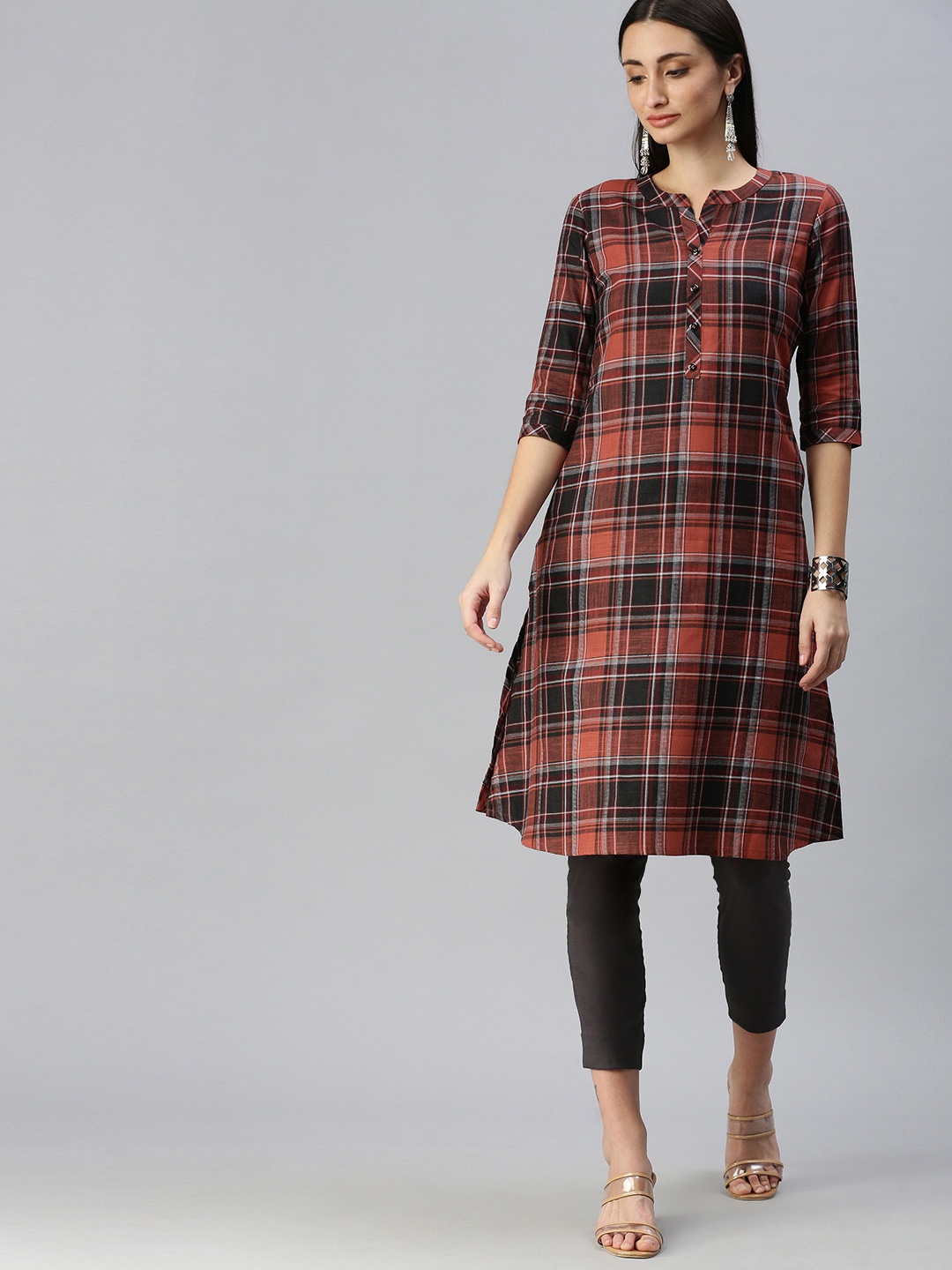 

ETIQUETTE Women Rust Red & Black Checked Kurta