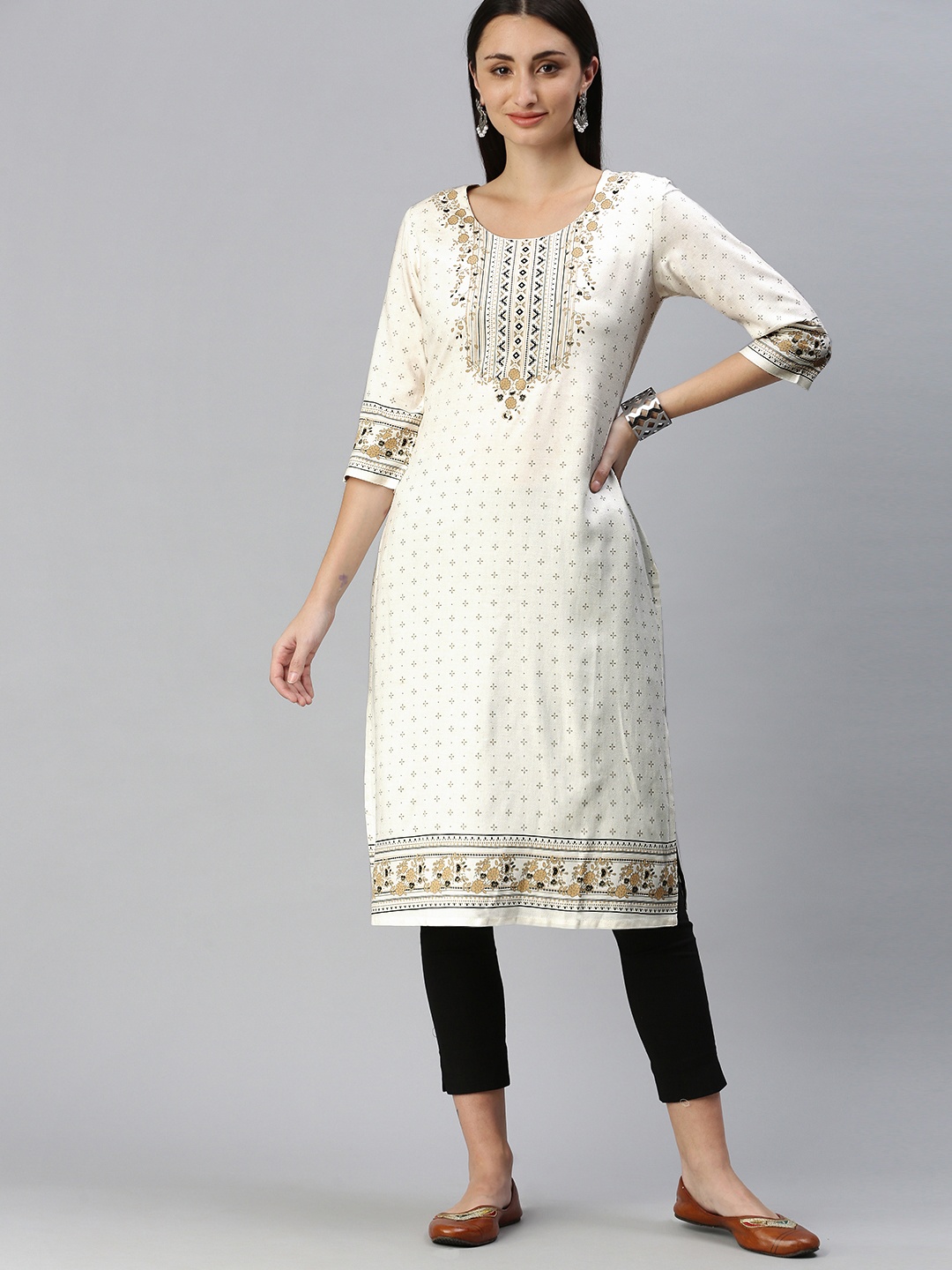 

ETIQUETTE Women Off White & Golden Ethnic Motifs Printed Kurta