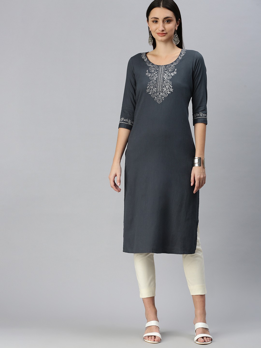 

ETIQUETTE Women Grey & Silver Ethnic Motifs Embroidered Kurta