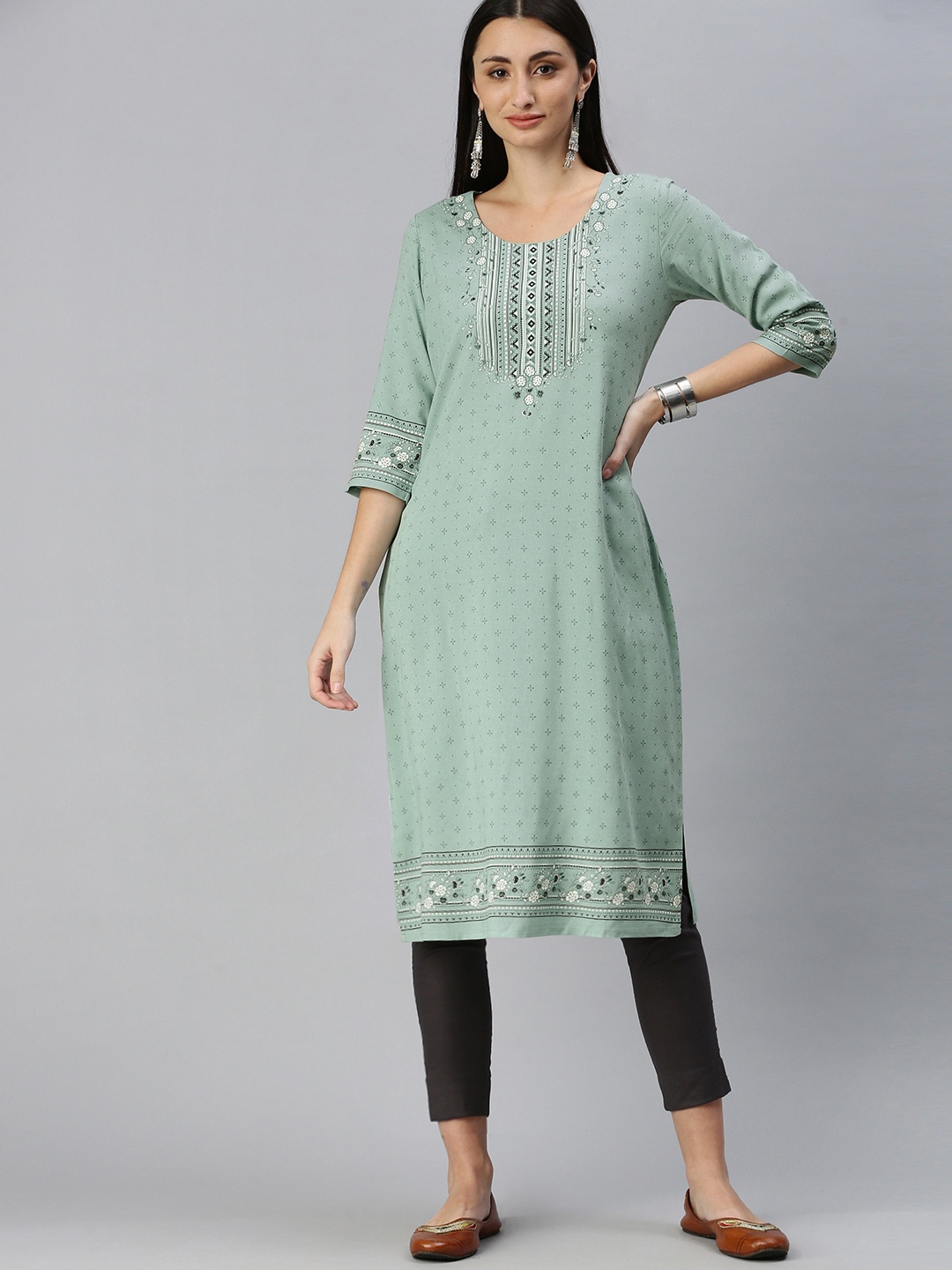 

ETIQUETTE Women Green & Black Pure Cotton Geometric Printed Kurta