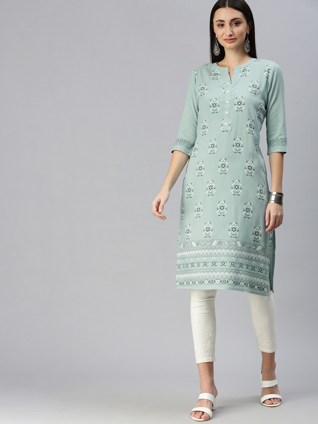 

ETIQUETTE Women Green & White Ethnic Motifs Printed Kurta