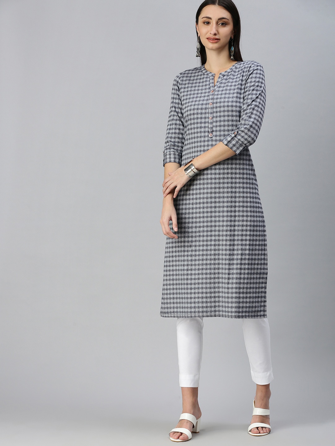 

ETIQUETTE Women Navy Blue & Grey Checked Kurta