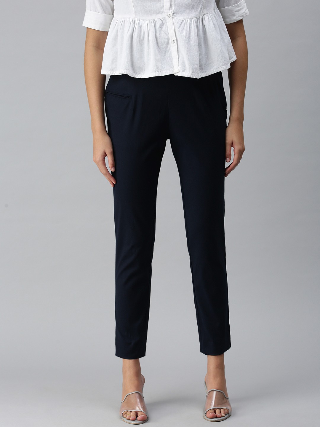 

ETIQUETTE Women Navy Blue Solid Smart Casual Trousers