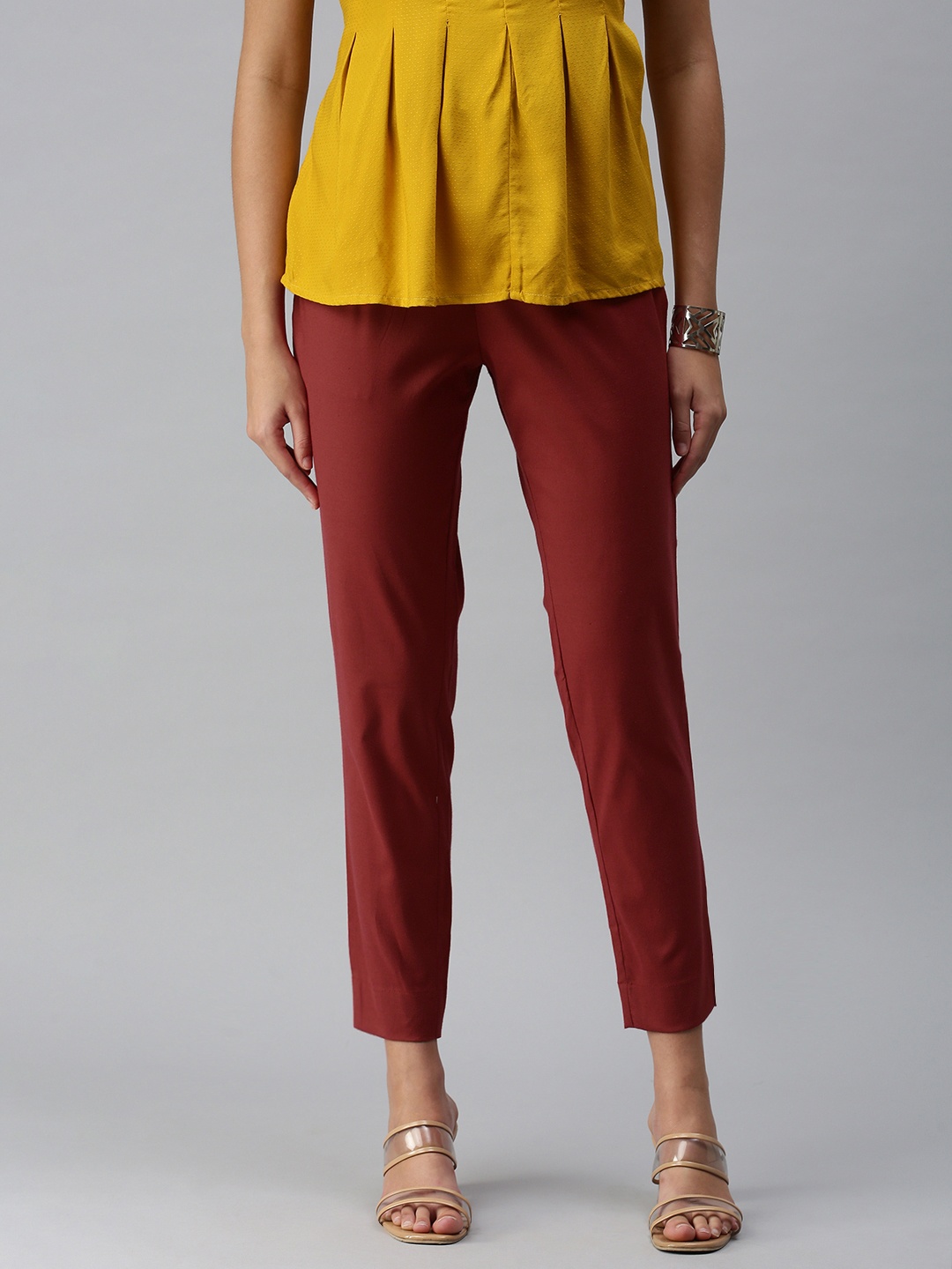 

ETIQUETTE Women Maroon Solid Smart Casual Trousers