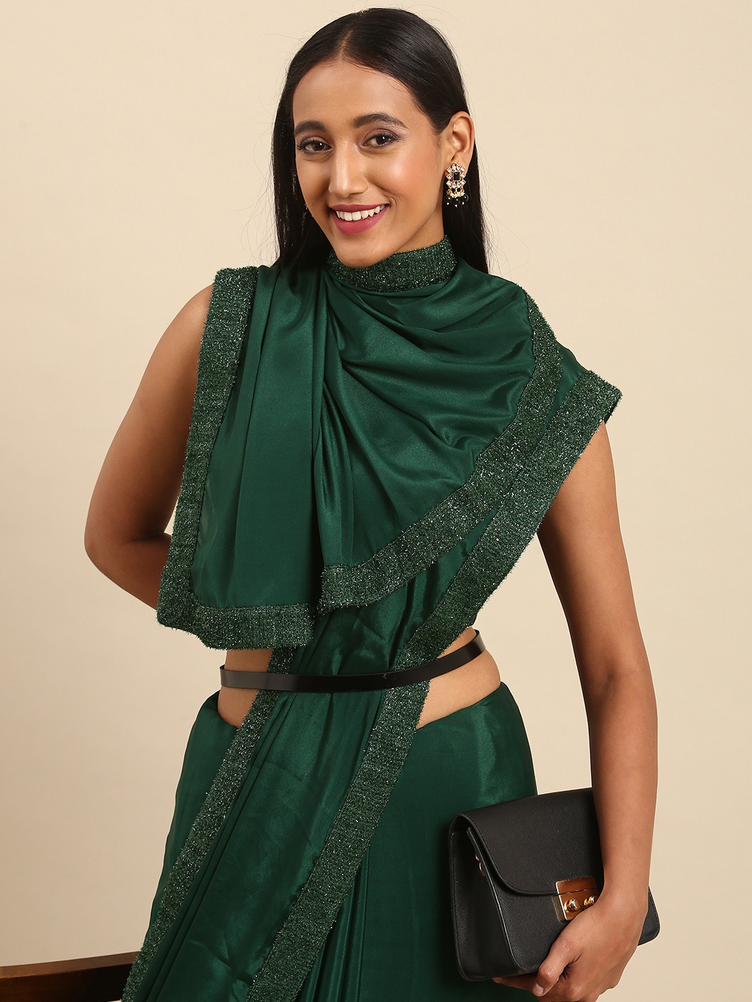 

all about you Women Green Satin Fusion Saree