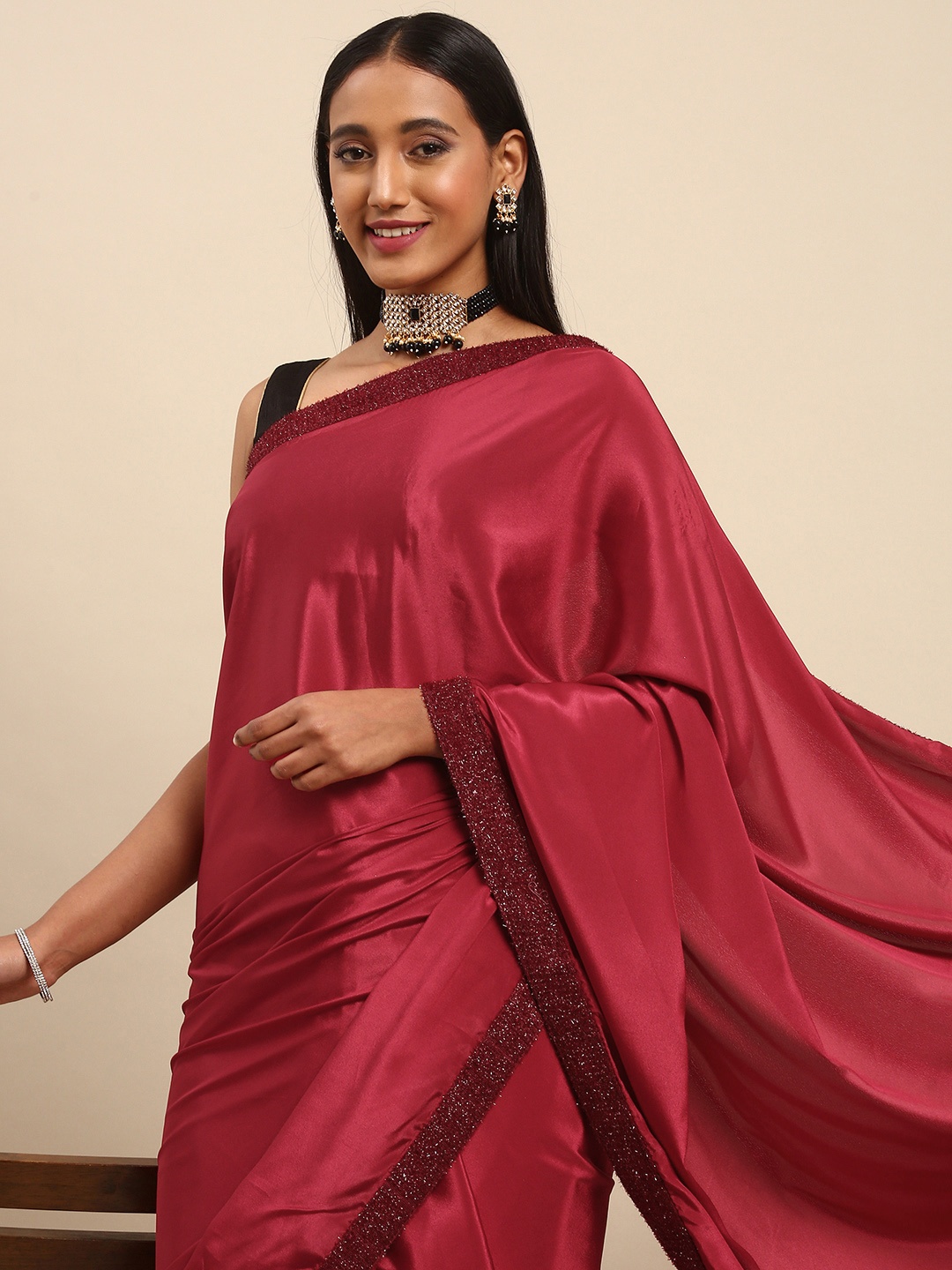 

all about you Women Maroon Satin Fusion Saree