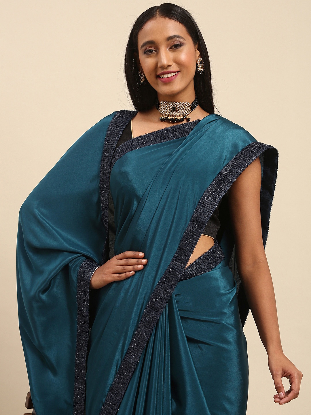 

all about you Women Teal Blue & Black Satin Fusion Saree