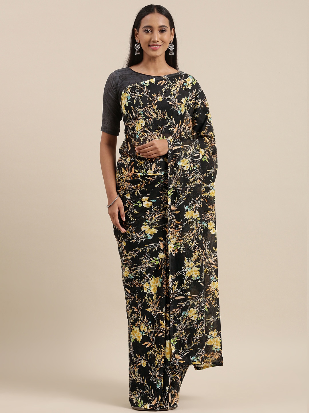 

KALINI Black & Yellow Floral Print Saree