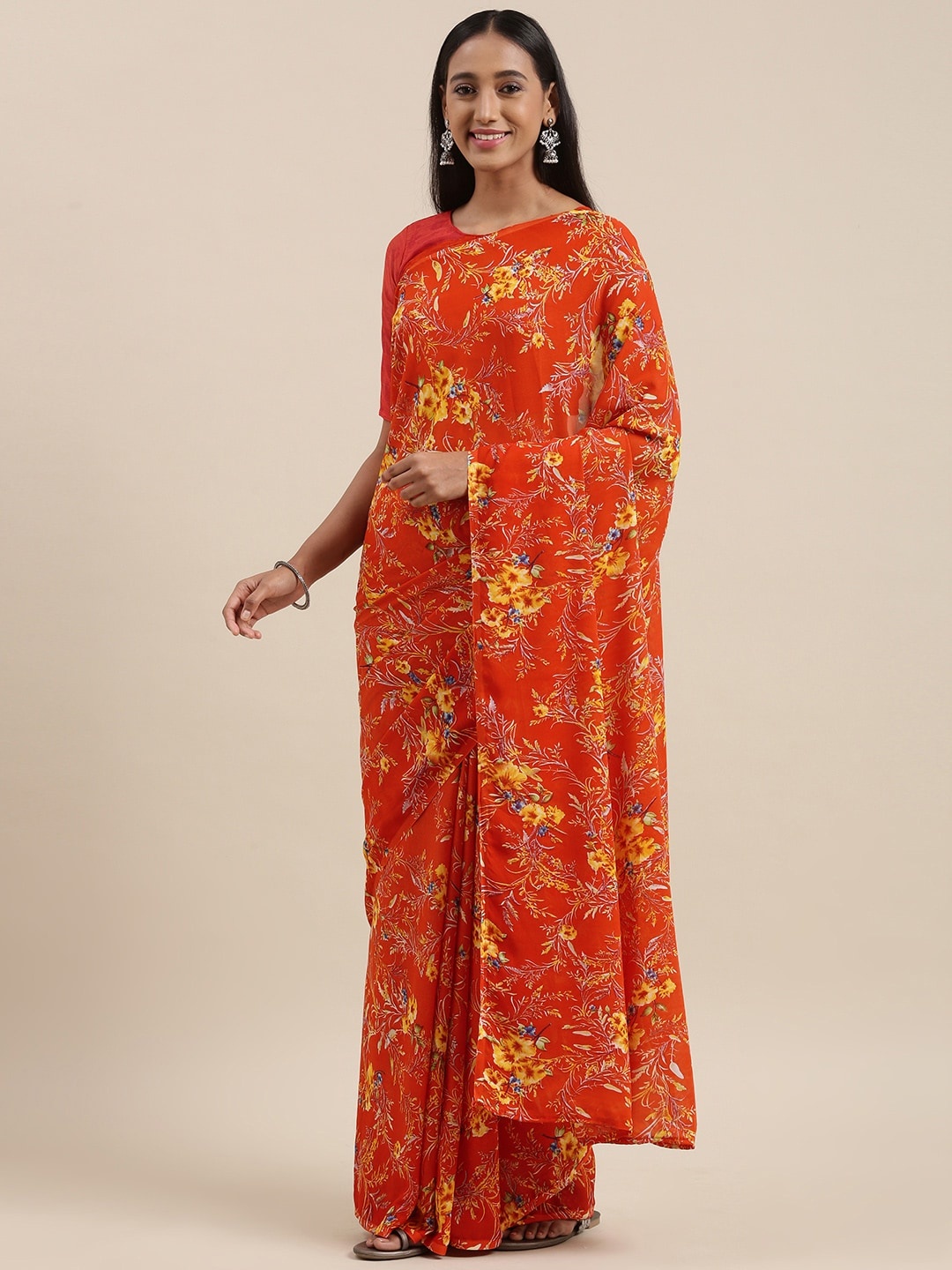 

KALINI Red & Yellow Floral Print Saree