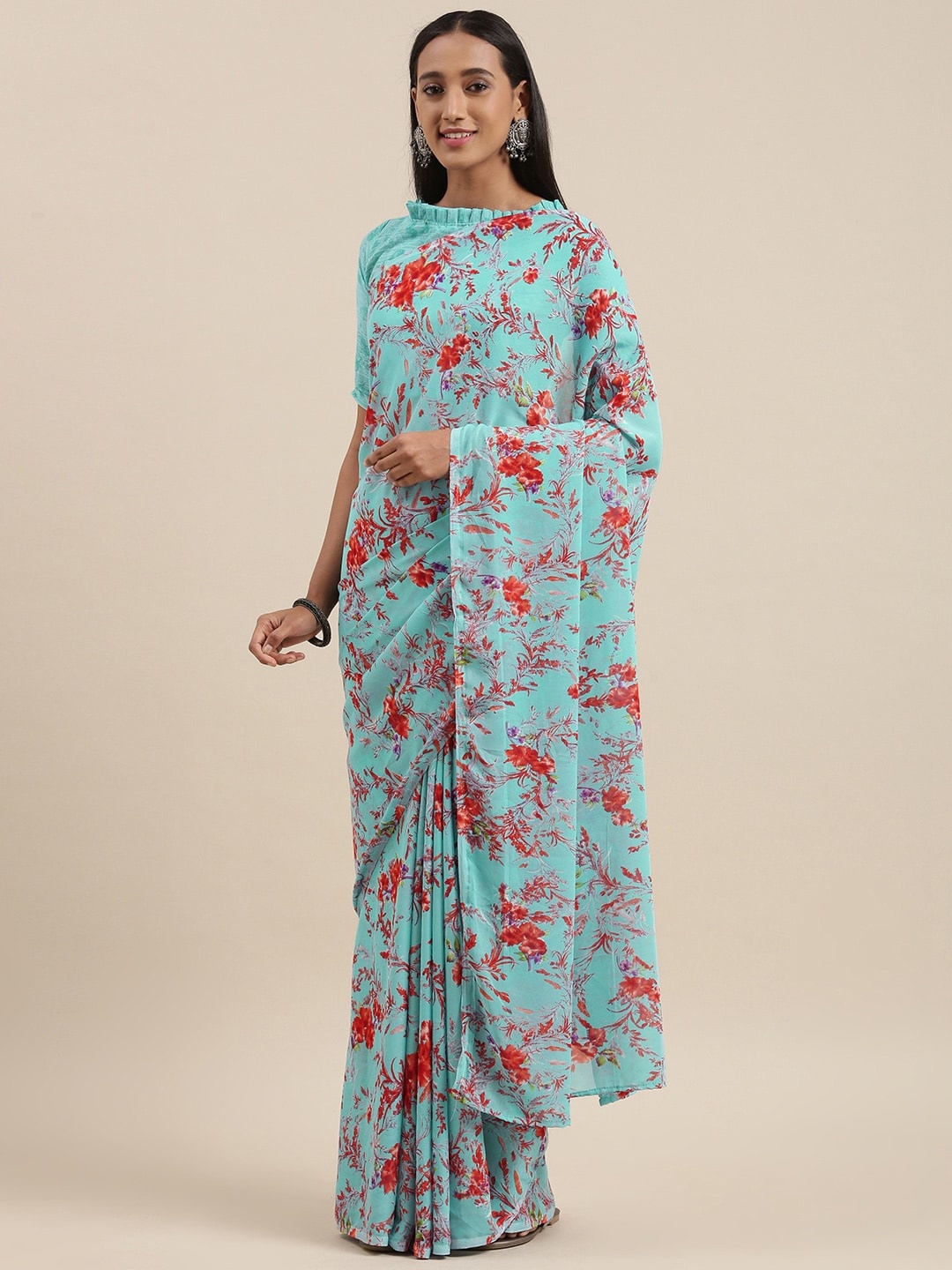 

KALINI Women Blue & Red Floral Printed Saree