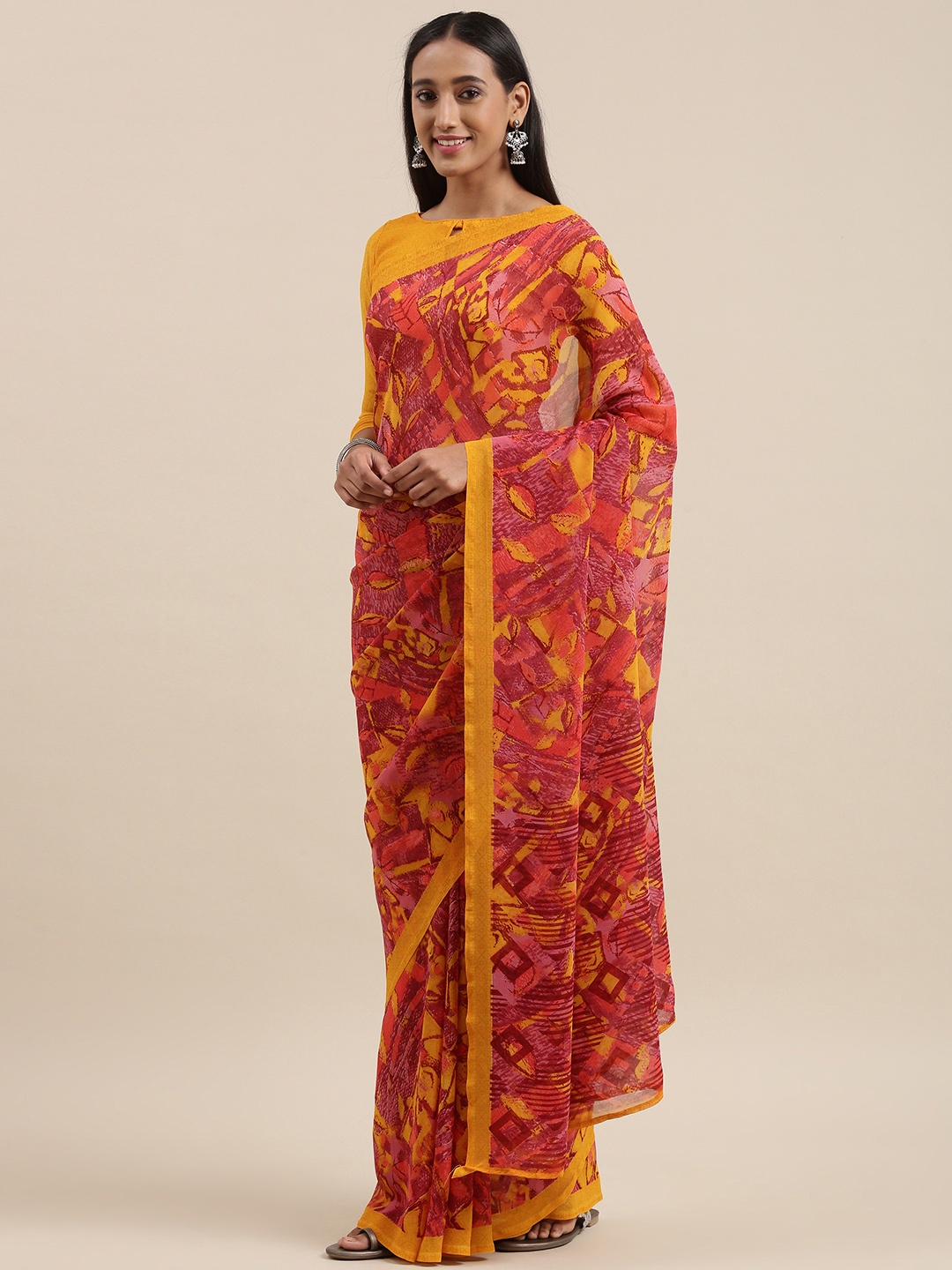 

KALINI Yellow & Pink Abstract Print Saree
