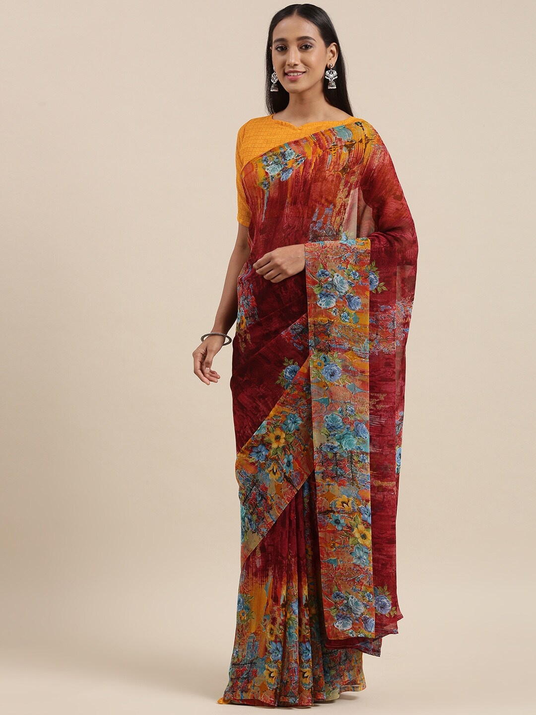 

KALINI Women Maroon & Mustard Floral Printed Saree