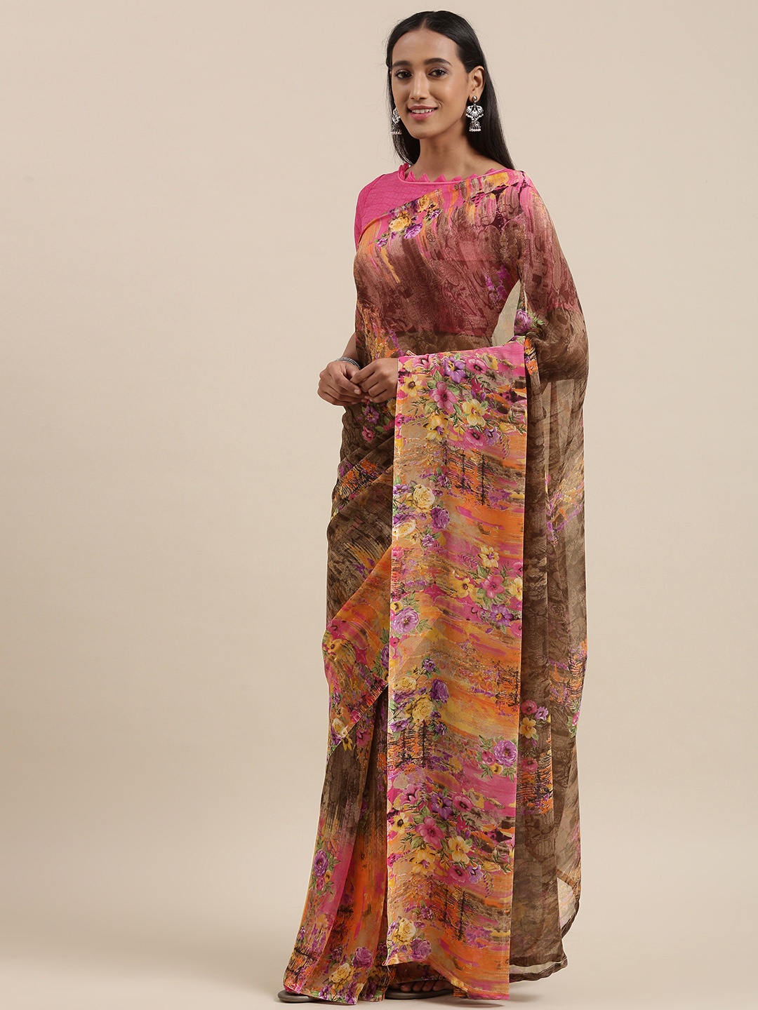 

KALINI Brown & Pink Floral Print Saree