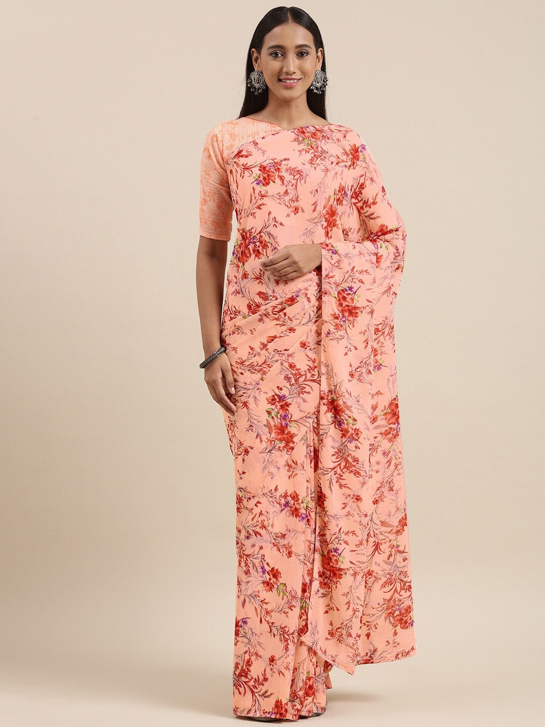 

KALINI Women Peach-Coloured & Pink Floral Printed Saree