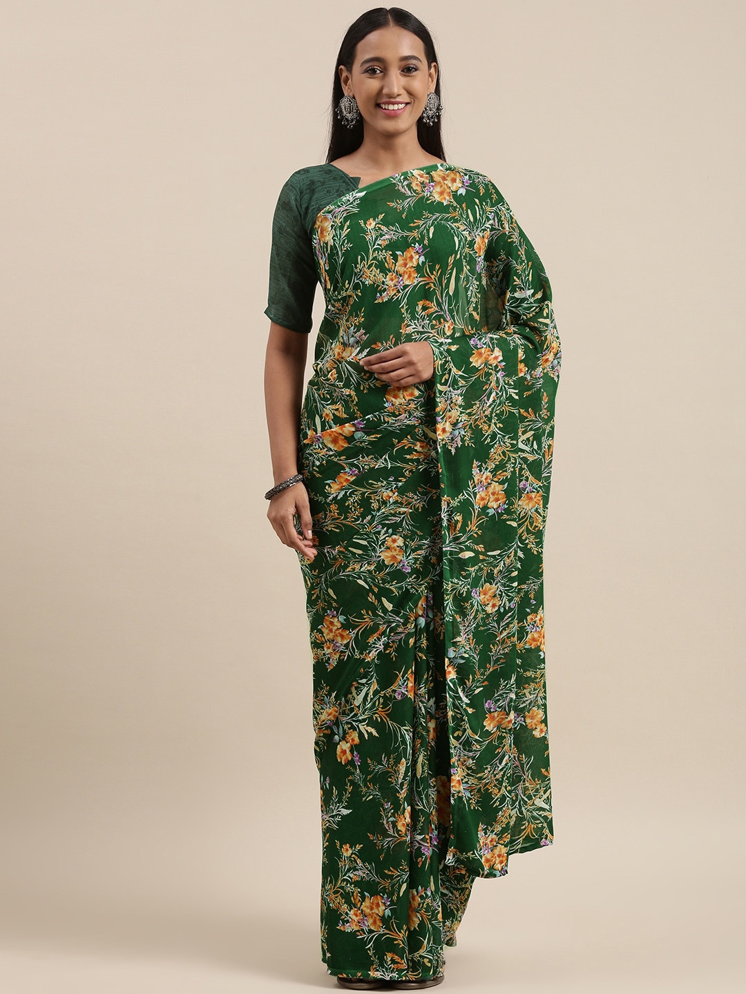 

KALINI Women Green & Orange Floral Printed Saree